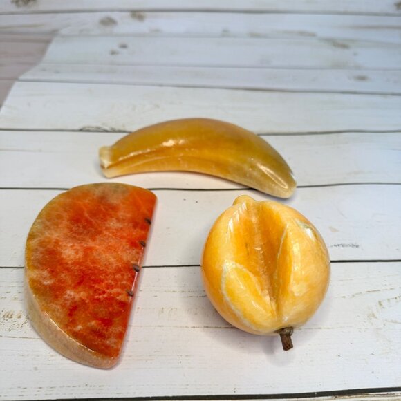 Vintage Stone Fruit Italian Alabaster Decor Lot of 3 Banana Watermelon & Peach - Picture 2 of 6
